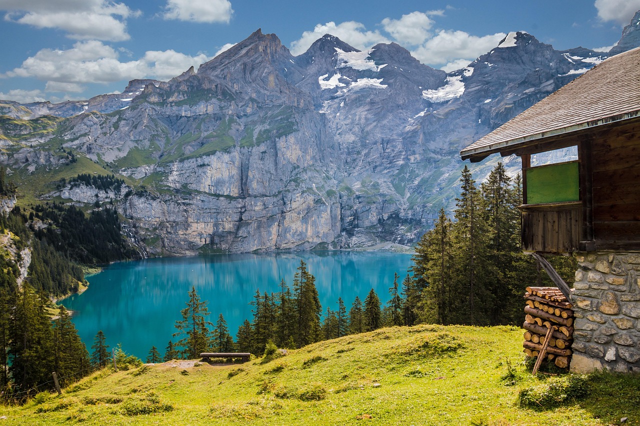 Lake, mountains, hut, mountain lake, mountain hut, cabin, building, house, alpine, alps, nature, scenic, lake oeschinen, switzerland, lake, mountains, house, switzerland, switzerland, switzerland, swi