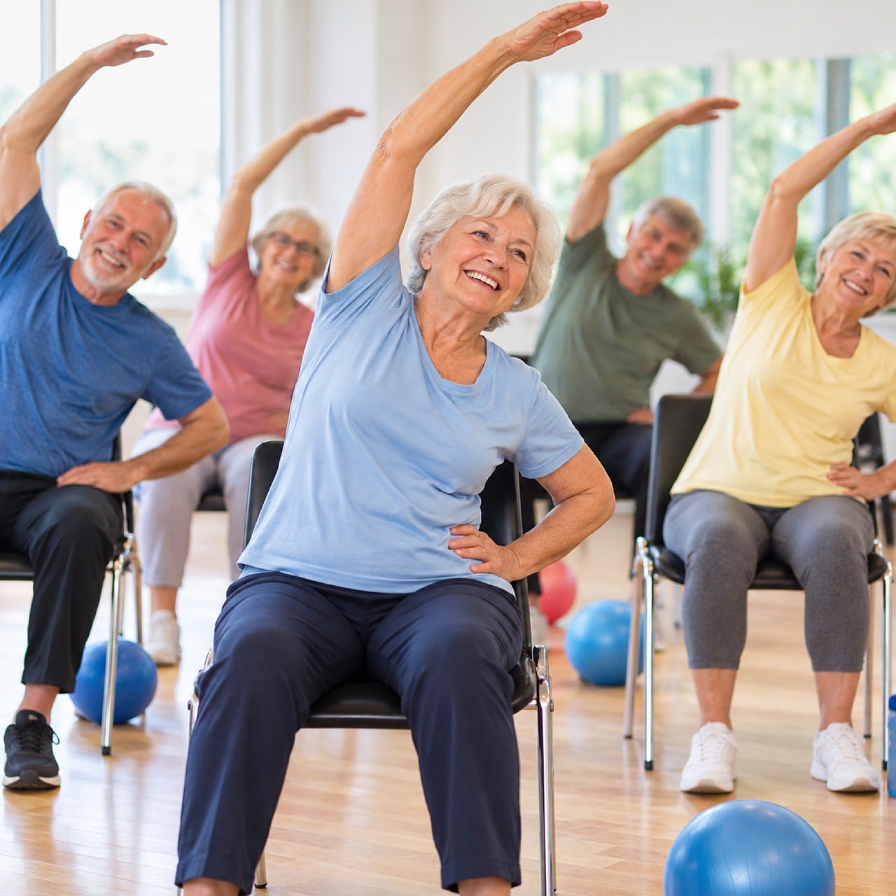 seniors, exercise, fitness, chair yoga, senior health, summer, group workout, health fitness, senior program, active lifestyle, smiling faces, social