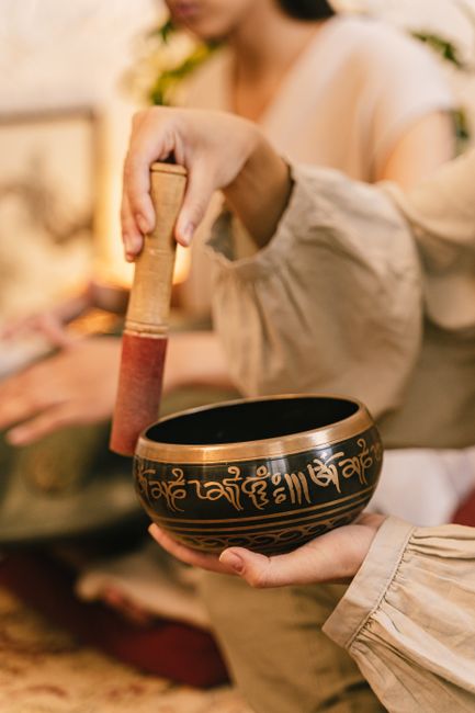 Peaceful atmosphere with a Tibetan singing bowl, promoting relaxation and mindfulness.