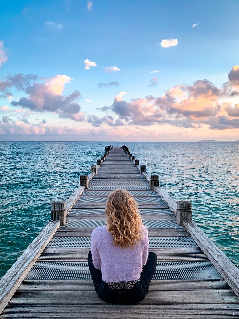 Woman, sit, boardwalk, jetty, pier, sea, ocean, clouds, perspective, horizon, sky, seascape, blonde woman, sitting, wooden planks, walkway, alone, solitude, solitary, meditation, relaxation, zen, natu