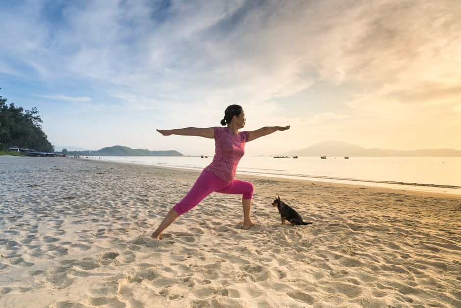 A woman performs a yoga pose on a tranquil beach with her dog at sunset, symbolizing harmony and relaxation.