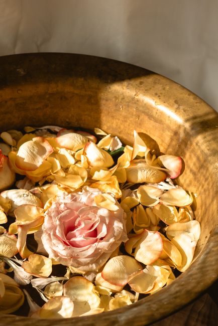 A stunning close-up of rose petals floating in a bronze basin with natural light enhancing their beauty.