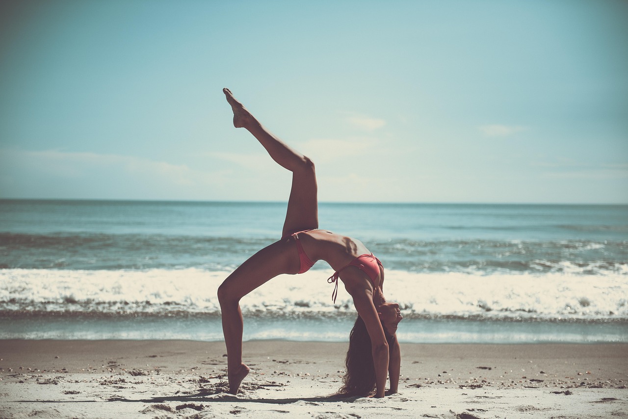 Beach, yoga, athlete, sportive, skinny, slim, ocean, woman, relaxation, sand, nature, sea, seashore, tropical, water, exercise, stretching, flexible